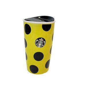 STARBUCKS 12 oz Ceramic Tumbler Travel Cup & Lid Yellow w/ Black Polka Dots 2015